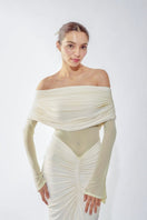 Deme By Gabriella Jolene off-shoulder ruched gown in elegant fabric, featuring a flowing silhouette and fitted bodice.