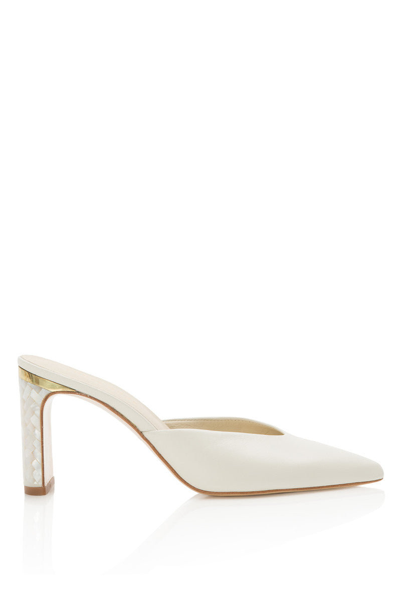 Ivory leather block heels with pearl embellishments by Freya Rose, showcasing elegant design and stylish footwear for women.