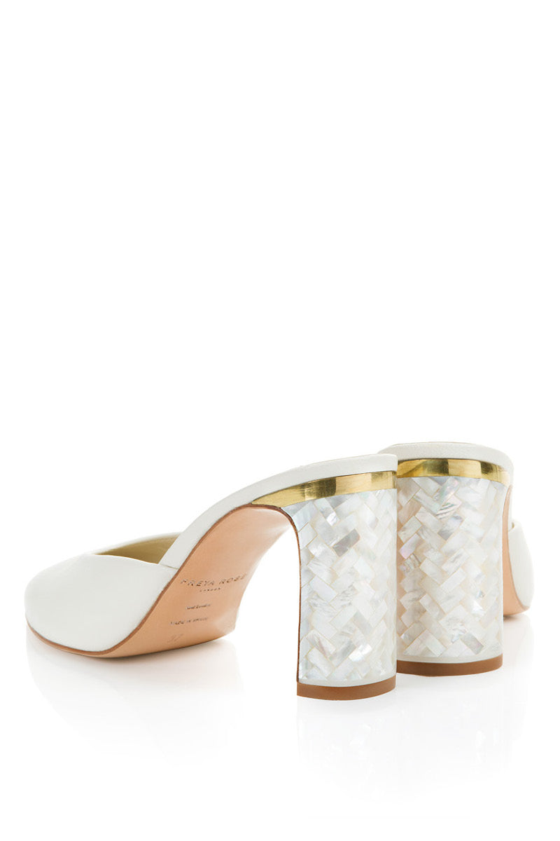 Ivory leather block heel shoes with pearl embellishments from Freya Rose Jolie collection.