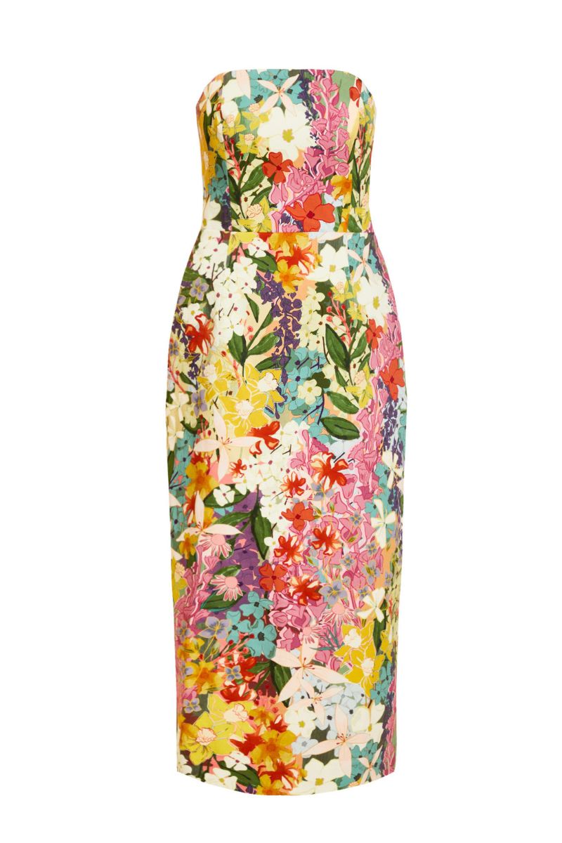 Mestiza New York Josephine convertible midi dress in versatile fabric, shown on a hanger with adjustable straps and elegant design.