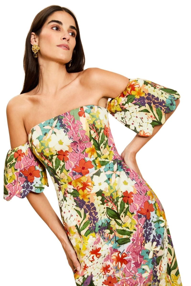 Mestiza New York Josephine convertible midi dress in soft fabric, featuring a fitted bodice and flowing skirt, displayed on a hanger.
