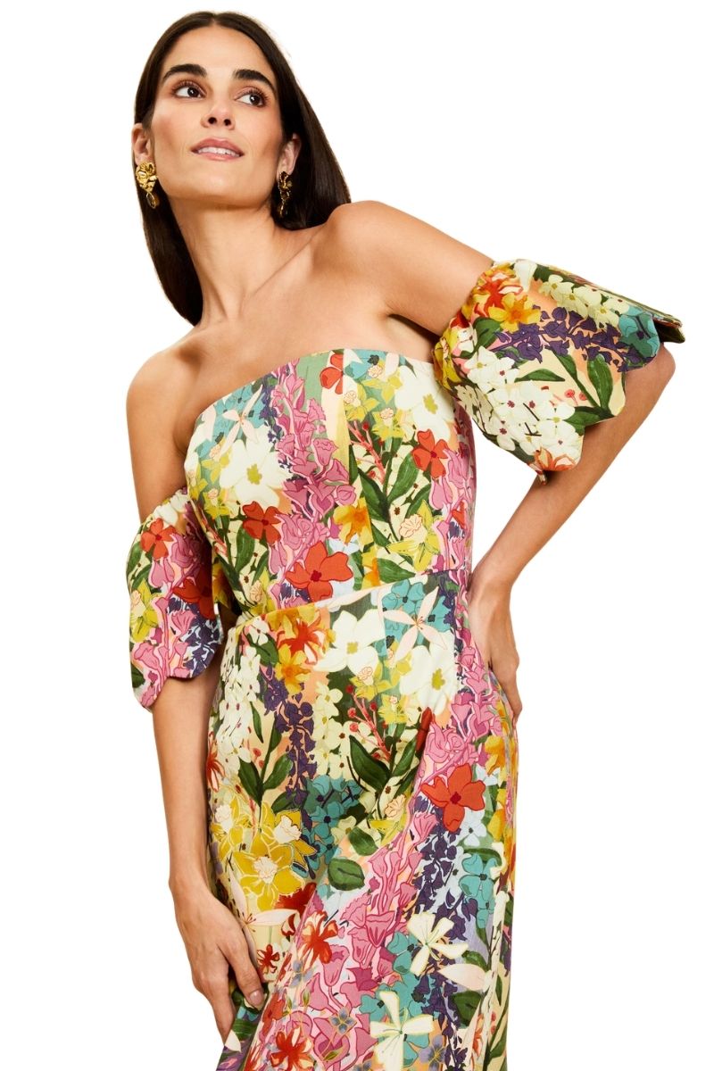 Mestiza New York Josephine convertible midi dress in soft fabric, featuring a fitted bodice and flowing skirt, displayed on a mannequin.