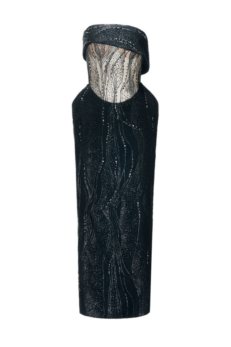 Black Natasha gown by JOSÉPHINE featuring elegant fabric and a flowing silhouette, perfect for formal occasions.