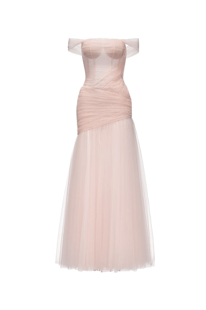 Pink AYLA gown by JOSÉPHINE, featuring elegant fabric and flowing design, displayed on a mannequin.
