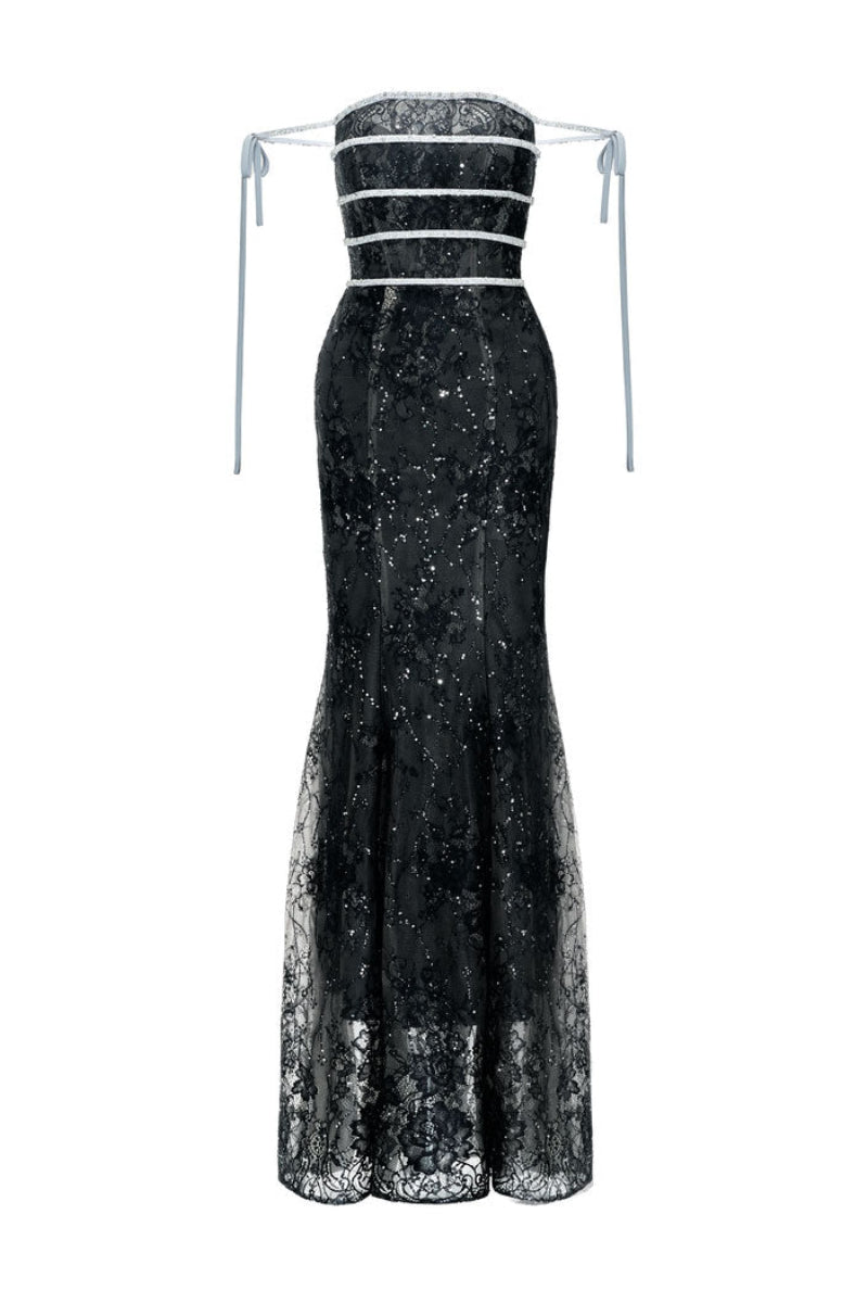Black CIARA gown by JOSÉPHINE, featuring elegant fabric and a flowing silhouette, perfect for formal occasions.