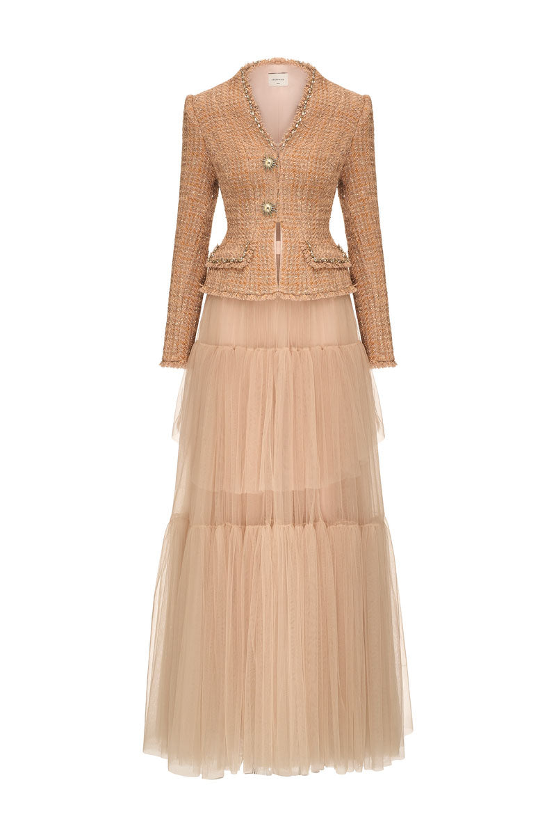 Elegant Josephine Hallie set in tweed gown featuring classic design and textured fabric, stylish for sophisticated occasions.