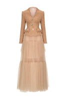 Elegant Josephine Hallie set in tweed gown featuring classic design and textured fabric, stylish for sophisticated occasions.