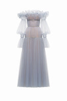 Blue Aurora gown by Joséphine, elegant long dress with flowing fabric and intricate design, perfect for formal occasions.