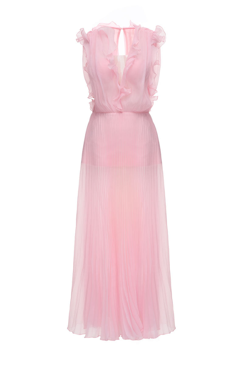 Pink Valencia maxi dress by JOSÉPHINE, flowing fabric and sleeveless design, shown on a model.