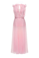 Pink Valencia maxi dress by JOSÉPHINE, flowing fabric and sleeveless design, shown on a model.
