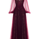 Elegant burgundy Rosalie gown by Joséphine, featuring flowing fabric and intricate design details on a model.