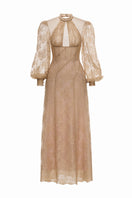 Beige JADLINE maxi dress by JOSÉPHINE featuring flowing fabric and elegant design, displayed on a hanger.