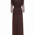 Brown ASTRA maxi dress by JOSÉPHINE, flowing fabric with a fitted waist and elegant design, shown on a model.