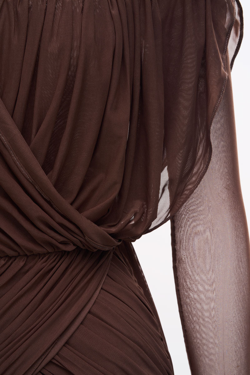 Brown Astra maxi dress by Joséphine, flowing fabric and elegant design, perfect for sophisticated summer looks.