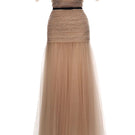 Beige ABIGAL gown by JOSÉPHINE showing elegant fabric and flowing design on a model.