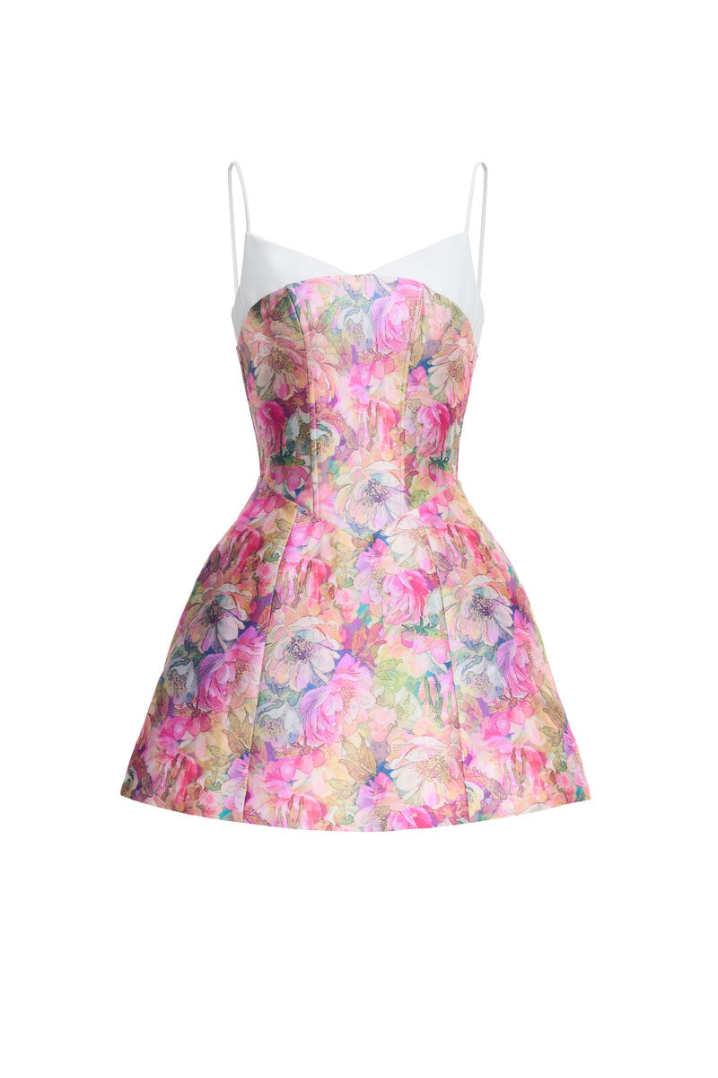 JOSÉPHINE RINA mini dress in flowy fabric with floral pattern, sleeveless design, and V-neck, perfect for summer wear.