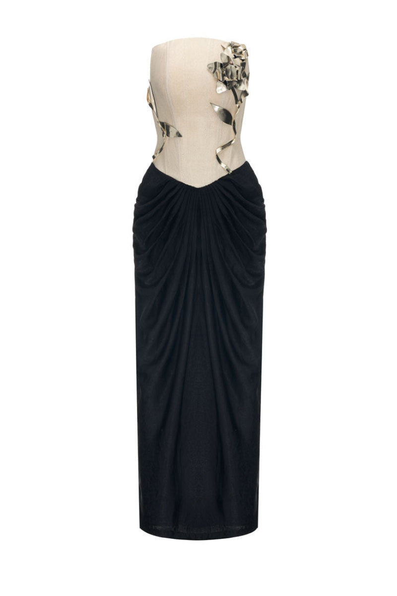 Black Samyra gown by JOSÉPHINE, elegant evening dress with flowing fabric and sophisticated design, shown on a model.