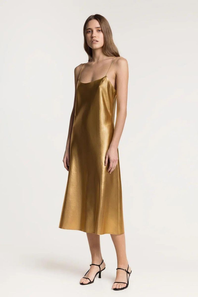 JOSEY GOLD METALLIC COATED SILK MIDI DRESS - CULT MIA