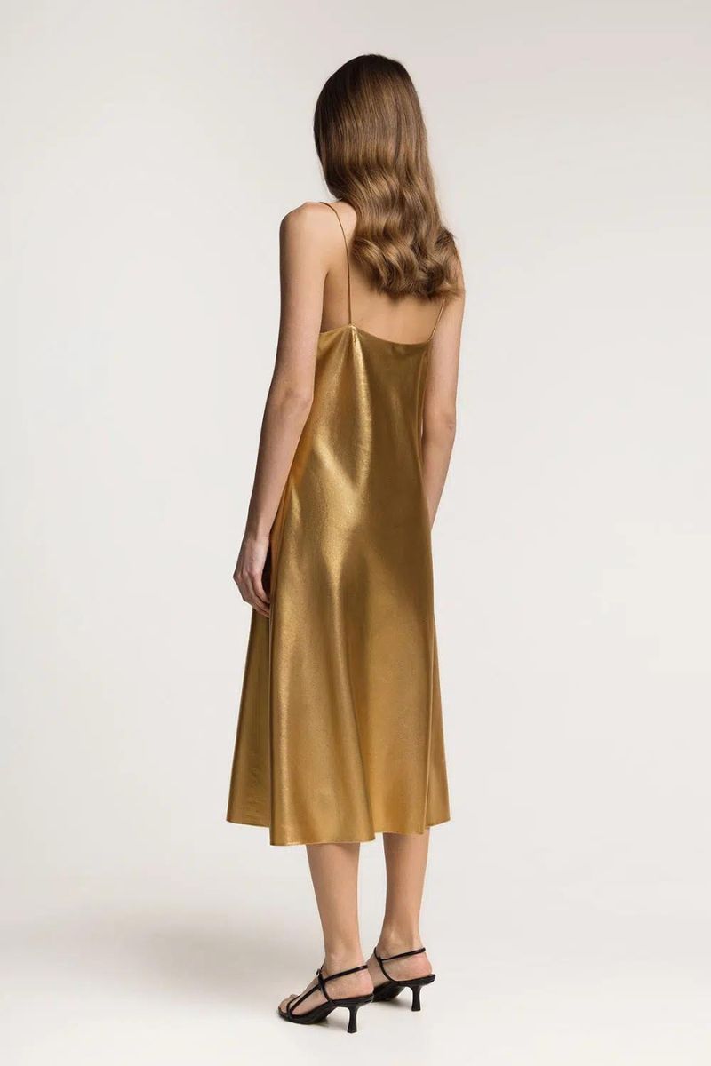 JOSEY GOLD METALLIC COATED SILK MIDI DRESS | CULT MIA | Serenity JOSEY GOLD METALLIC COATED SILK MIDI DRESS | CULT MIA | Serenity