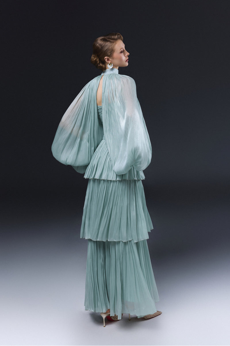 Blue ALZIRA midi dress by JOSÉPHINE featuring a fitted bodice and flowing skirt, perfect for stylish occasions.