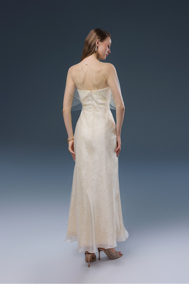 Elegant white lace ALVA midi dress by JOSÉPHINE, featuring intricate lace detailing and a fitted silhouette.