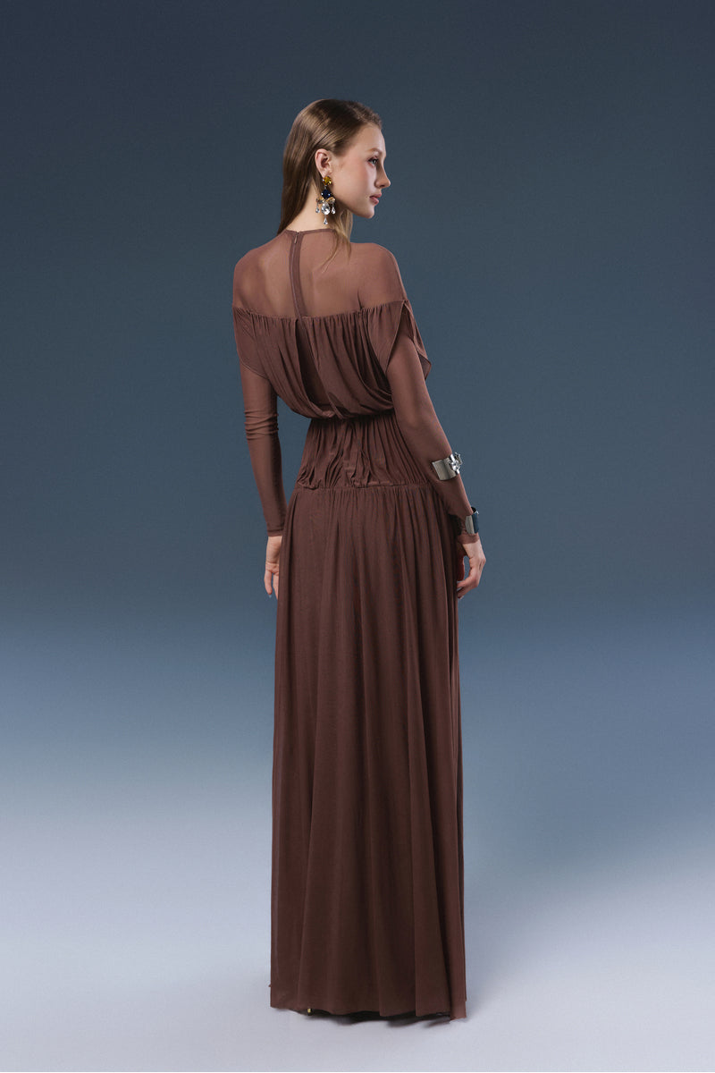 Brown ASTRA maxi dress by JOSÉPHINE, flowing fabric, fitted bodice, and elegant design perfect for summer occasions.