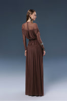 Brown ASTRA maxi dress by JOSÉPHINE, flowing fabric, fitted bodice, and elegant design perfect for summer occasions.