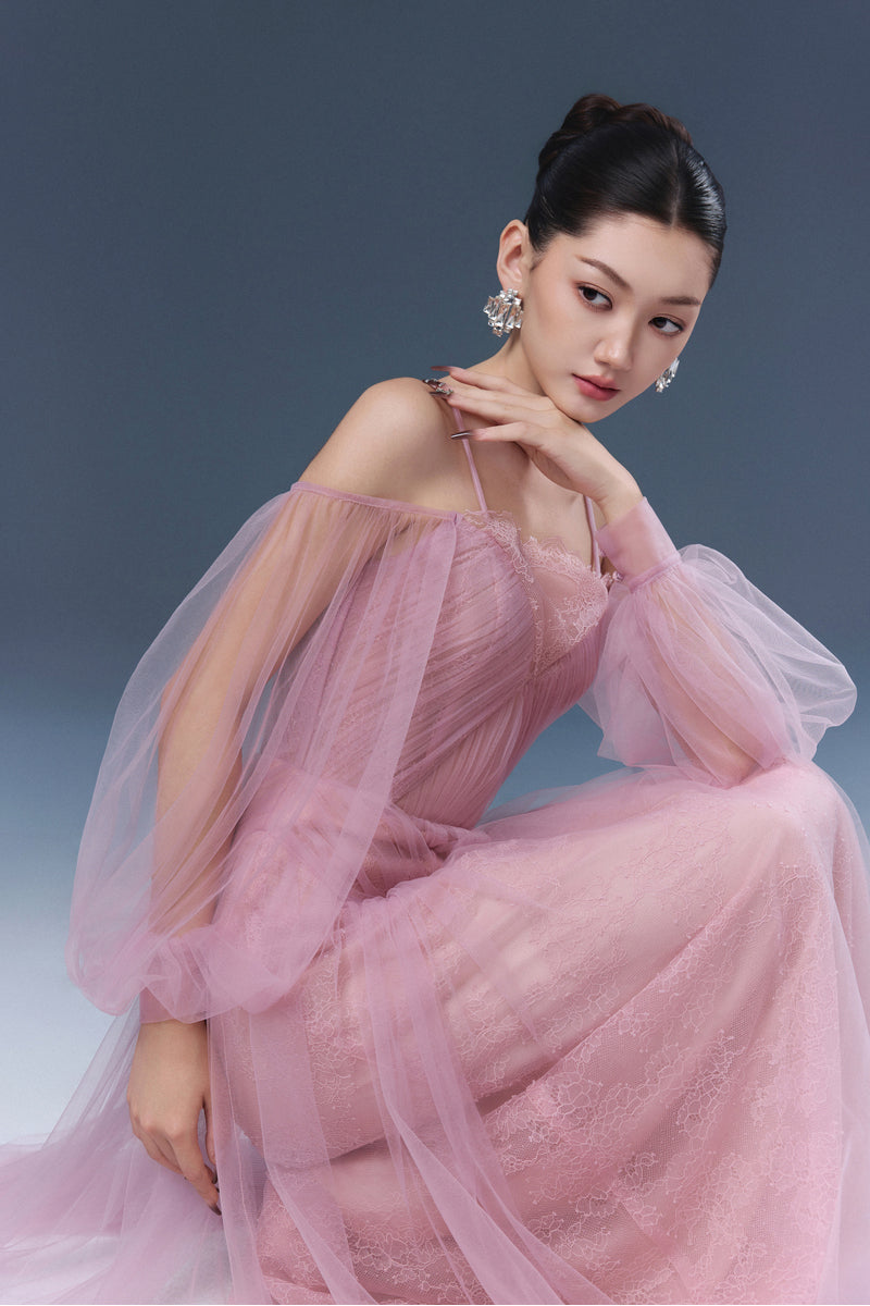 Pink Sorelin maxi dress by Joséphine, flowing fabric and elegant design, shown on a model.
