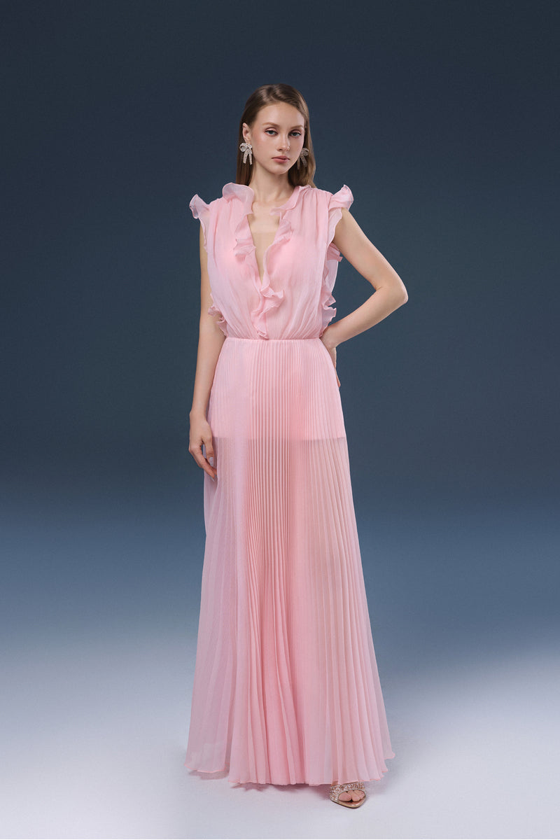 Pink Valencia maxi dress by JOSÉPHINE, flowing fabric with a fitted bodice and elegant skirt, perfect for summer and special occasions.