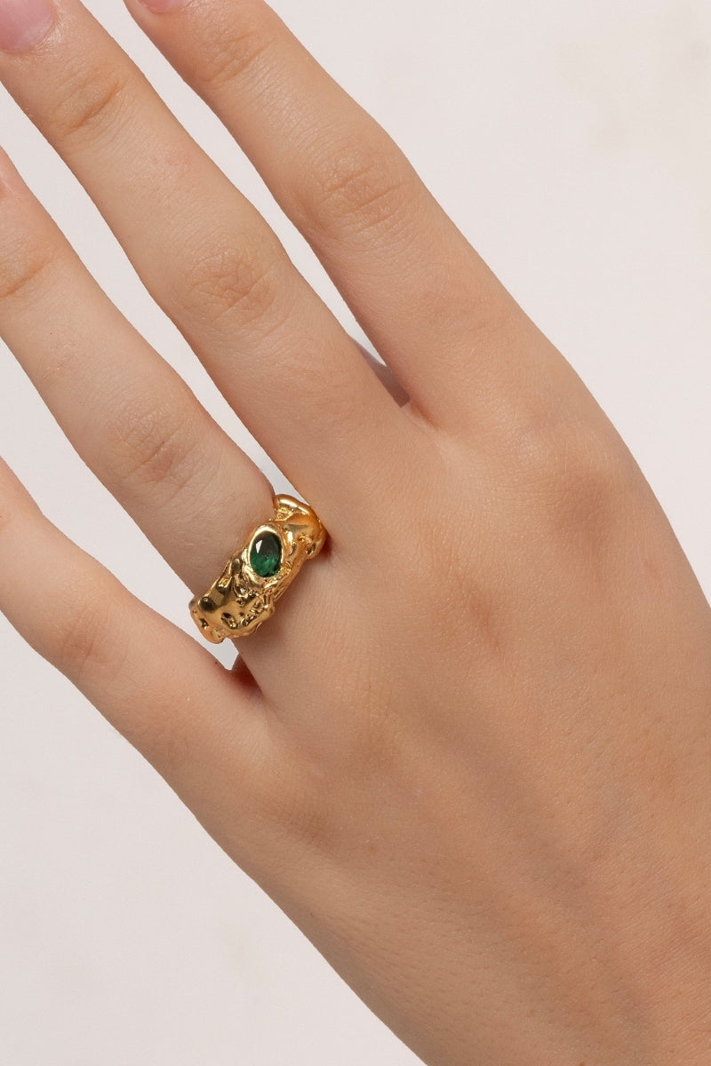 Lavani Jewels Judy Green Ring featuring a vibrant green gemstone set in a stylish gold band.