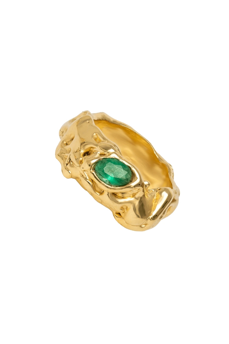 Gold Judy green ring by Lavani Jewels featuring a vibrant green gemstone and intricate band design.