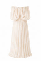 Nihan Peker Juliette Dress in vanilla color, elegant gown with flowing fabric, showcased on a mannequin.