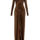 Deme By Gabriella June chocolate brown fitted maxi dress, elegant sleeveless design with a flowing silhouette and scoop neckline.