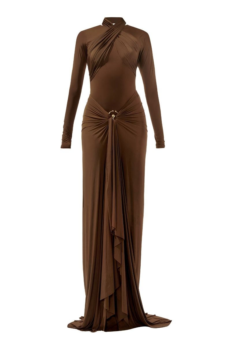 JUNE CHOCOLATE BROWN FITTED MAXI DRESS - CULT MIA