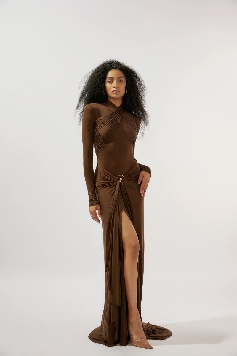 JUNE CHOCOLATE BROWN FITTED MAXI DRESS - CULT MIA