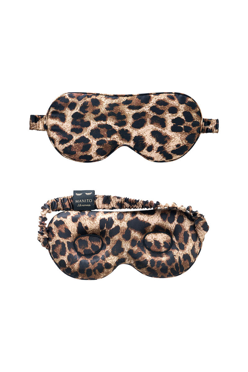 Manito jungle leopard silk eye mask featuring a leopard print design, soft and comfortable for restful sleep or relaxation.