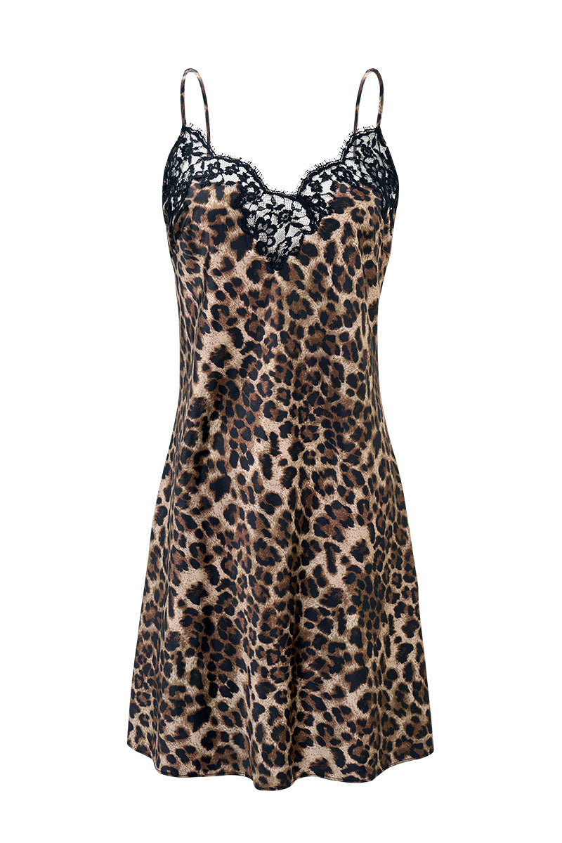 Women's silk leopard print chemise by MANITO, featuring a jungle leopard pattern, lightweight and comfortable nightgown.