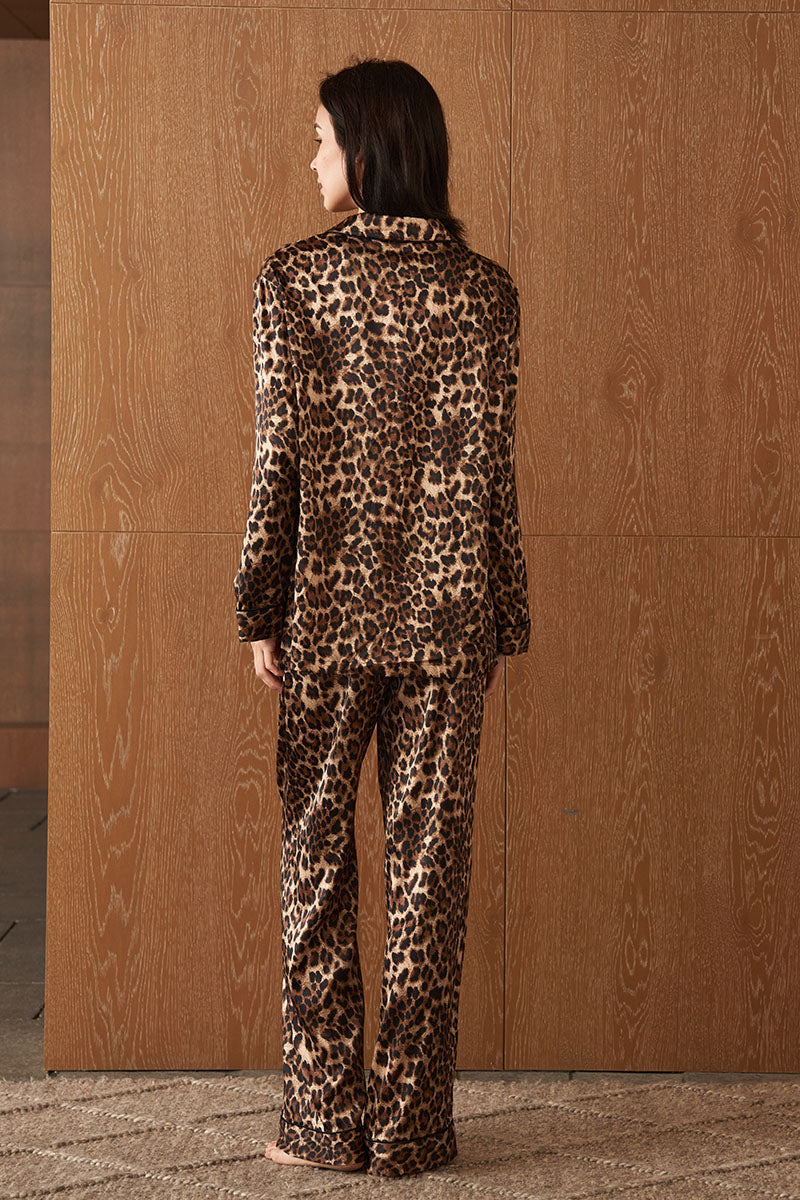 Women's silk pajama set featuring a jungle leopard print by MANITO, shown in a comfortable, stylish sleepwear design.