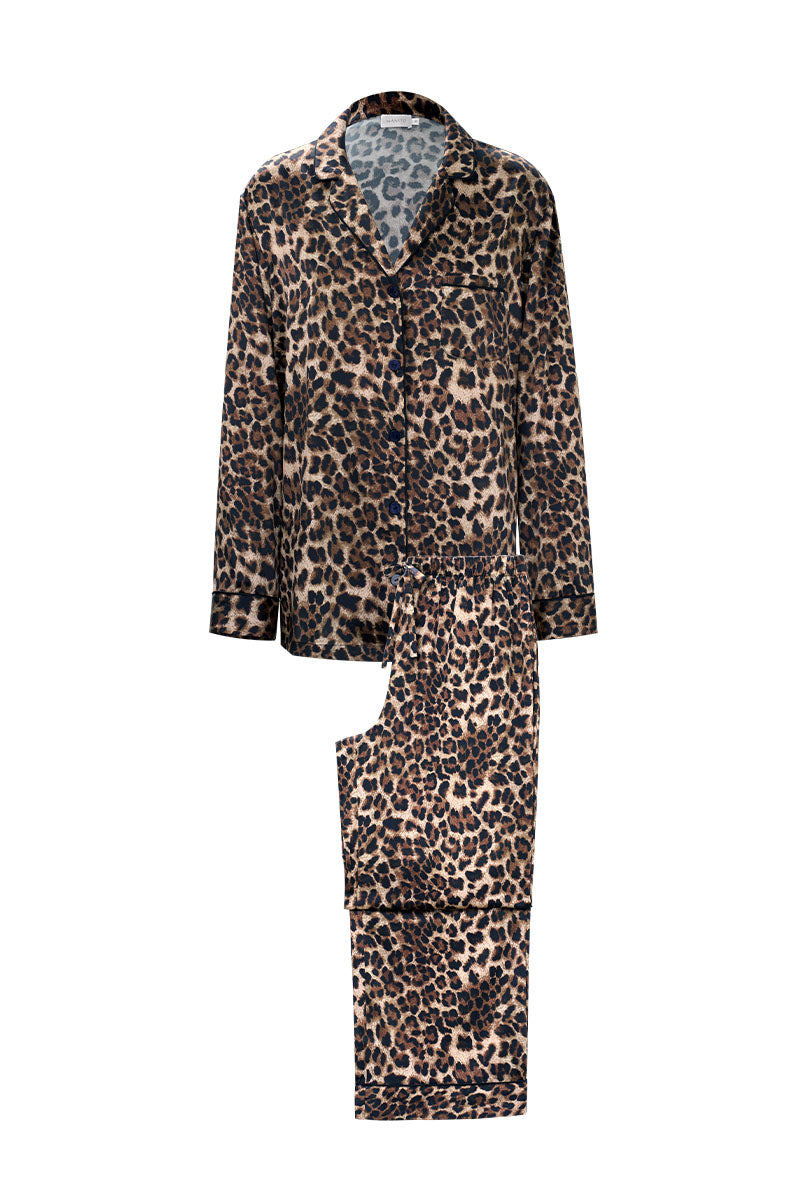 Women's silk pajama set with jungle leopard print by MANITO, featuring a relaxed fit and luxurious fabric for comfortable sleepwear.