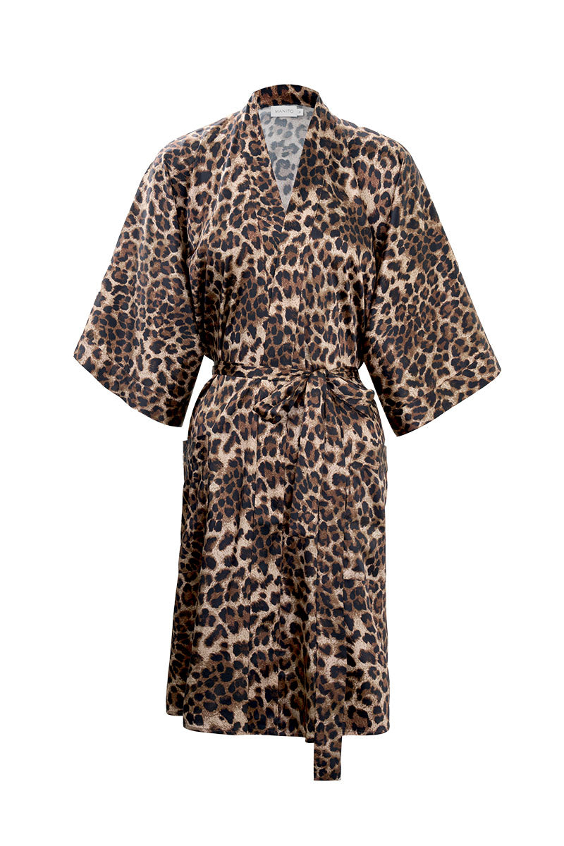 Manito jungle leopard silk robe for women, featuring a stylish leopard print and luxurious silky fabric.
