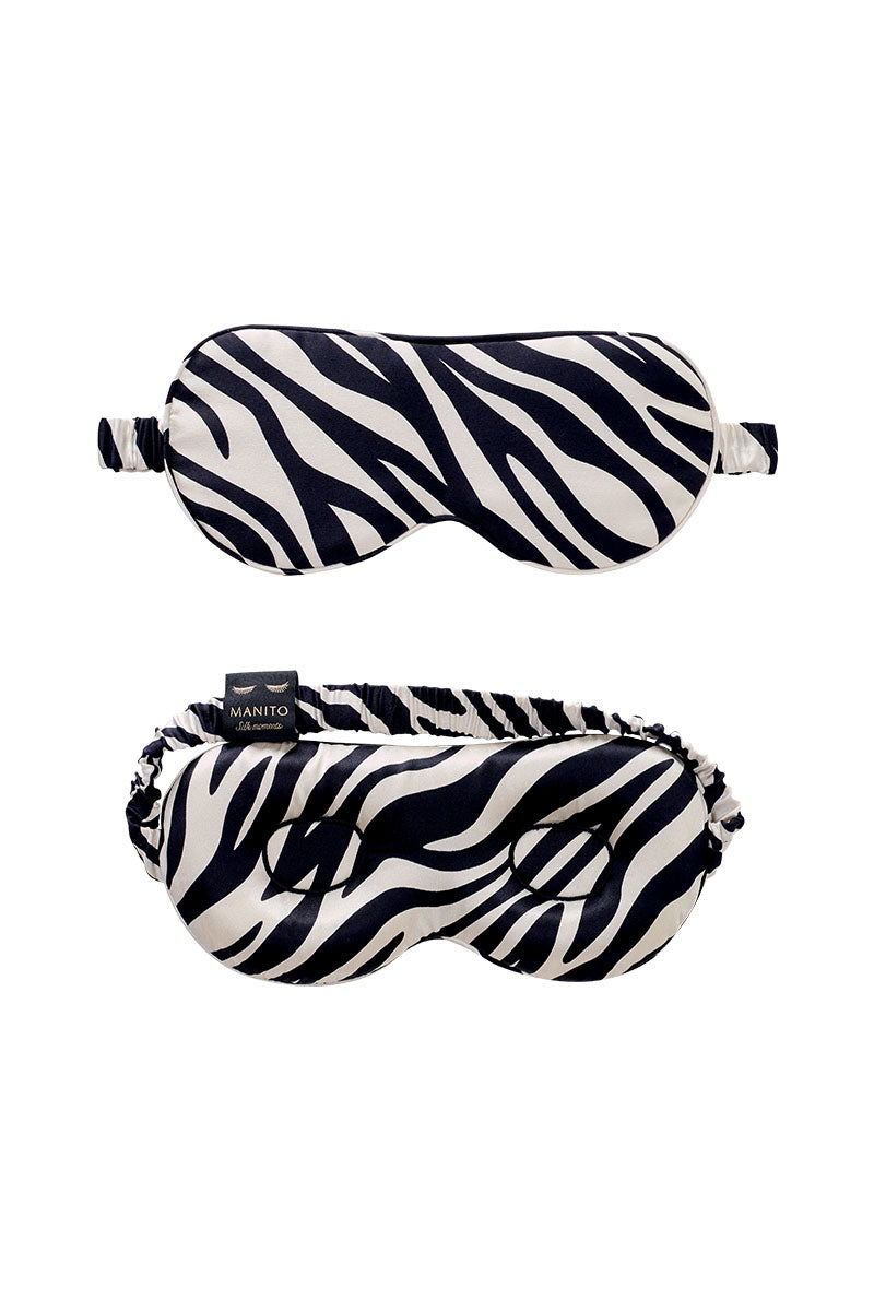 Manito jungle zebra print silk eye mask featuring black and white zebra pattern for comfortable sleep and elegant style.