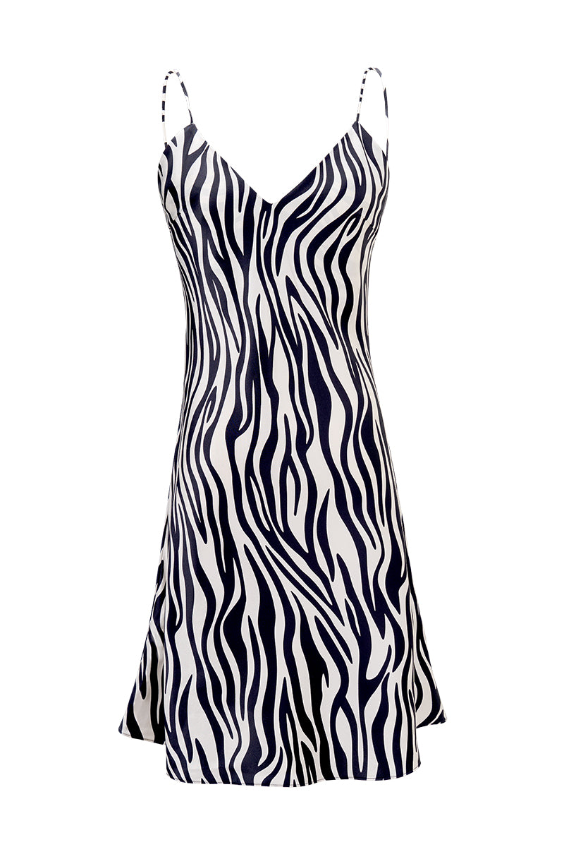 Women's silk chemise with jungle zebra print by MANITO, featuring a smooth, flowing fabric and stylish zebra pattern.
