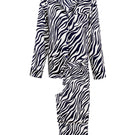 Manito jungle zebra print women's silk pajama set with matching top and pants, featuring bold zebra pattern for stylish comfort.