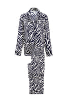 Manito jungle zebra print women's silk pajama set with matching top and pants, featuring bold zebra pattern for stylish comfort.
