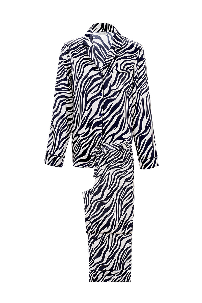 Manito jungle zebra print women's silk pajama set with matching top and pants, featuring bold zebra pattern for stylish comfort.