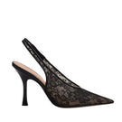 Black Camilla Sling 90 Lace heels by Kolane, featuring elegant lace detailing and a sleek design.