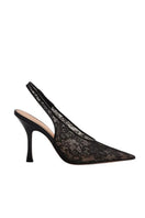 Black Camilla Sling 90 Lace heels by Kolane, featuring elegant lace detailing and a sleek design.