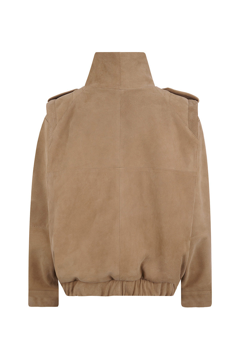 Lorena Saravia Katy Suede Jacket shown from the back, featuring a sleek design and soft suede fabric in a stylish jacket.
