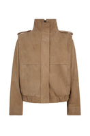 Lorena Saravia Katy Suede Jacket front view, stylish beige suede jacket with clean design and sleek fit.