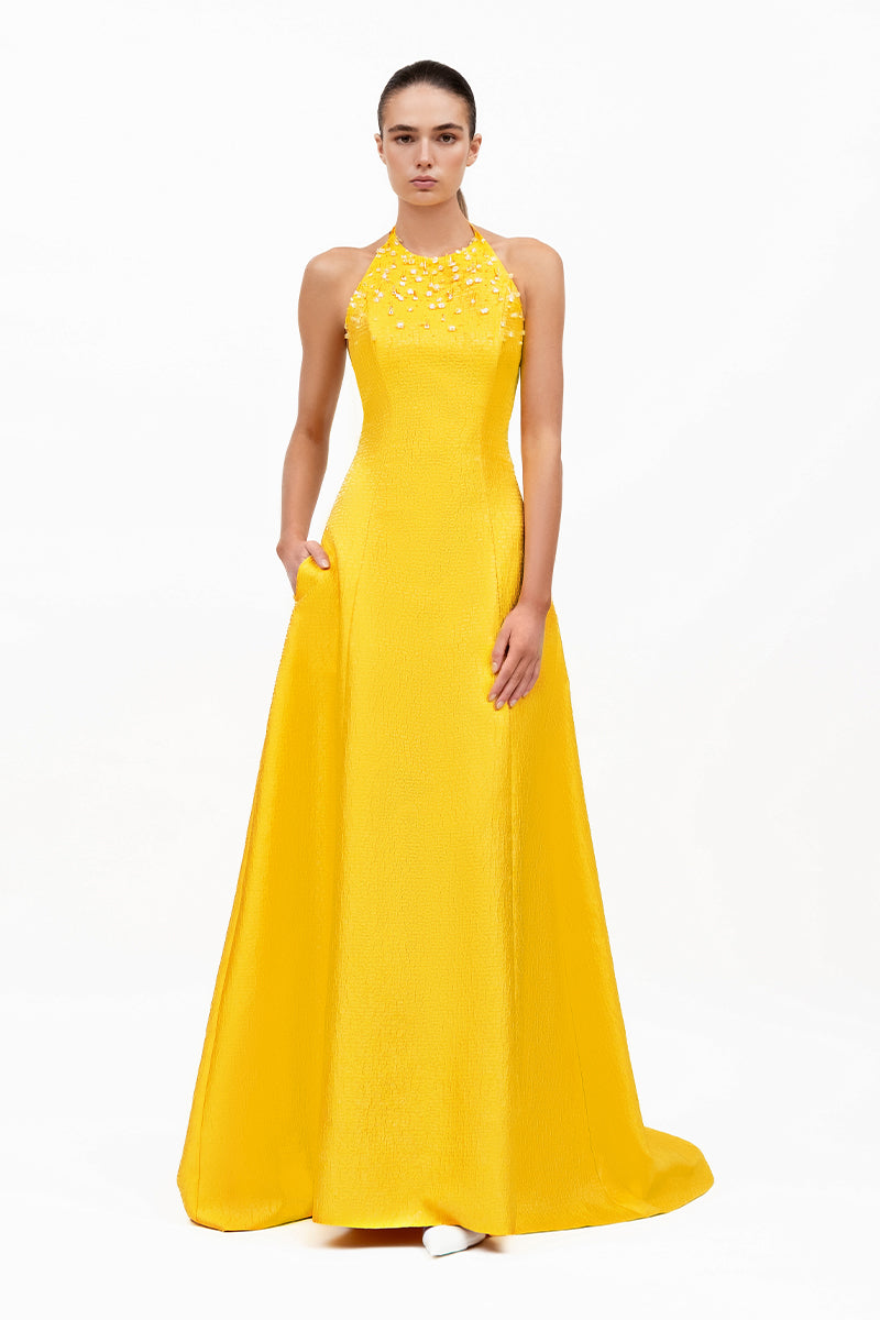 Yellow KEIJN gown by MOON / HAKAN YILDIRIM featuring a stylish, flowing design in Bumblebee Yellow fabric.
